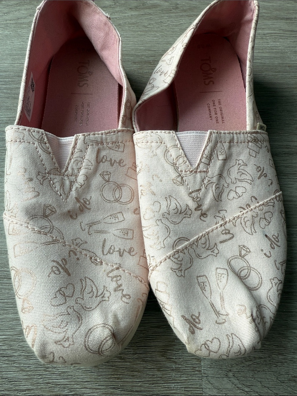 Toms Rosegold & Pink Canvas Slip-On Flats with Love Print